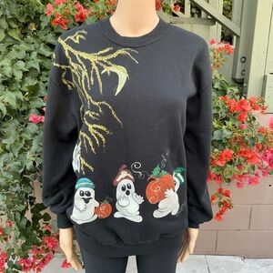 Halloween Vintage Ghost Black Sweater Size Large